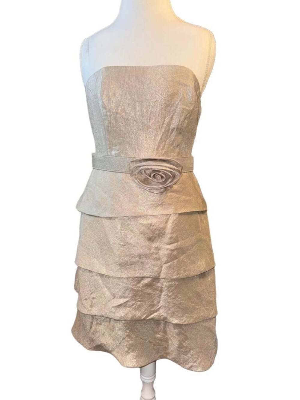 I.N. Studio Strapless Metallic Gold Tiered Cocktail Dress with Waist Flower